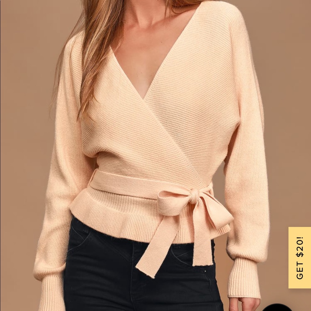 Lulus “Sweet and Sophisticated Beige Knit Faux-Wrap Sweater”